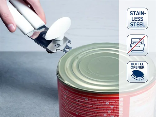 Vista 2 de Abrelatas Leifheit Exact, White Strong Stainless Steel Deluxe Tin Opener, Rueda de corte con engranajes de acero endurecido, Abrelatas eficaz