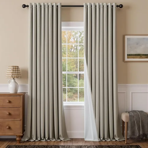 Vista 29 de Cortinas de 100 pulgadas extra anchas 100% opacas marfil con ojales, lino Natural
