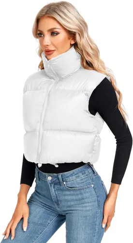 Vista 2 de ANGGREK Chaleco corto de invierno con cuello alto para mujer, ligero, sin mangas, cálido, con cremallera, chaleco acolchado