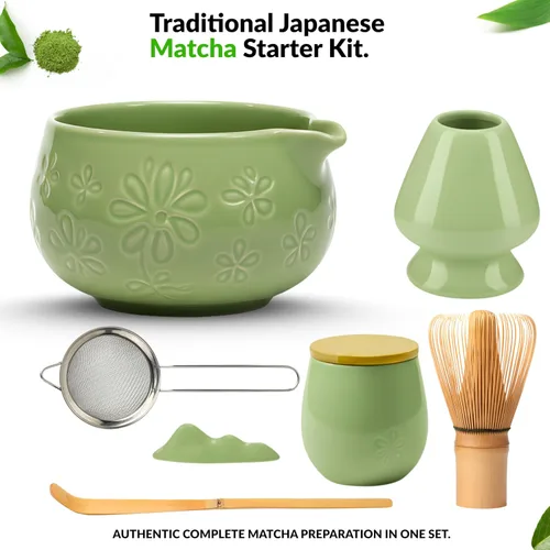 Vista 7 de Juego de 8 batidores de matcha, juego de ceremonia de té tradicional japonesa con tazón de matcha, kit completo de matcha para principiantes Verde
