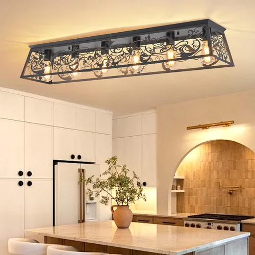 Vista 12 de Garwarm Lámpara de techo rectangular de montaje empotrado de 6 luces, lámpara de araña negra enjaulada de metal de 38 pulgadas, lámpara de techo