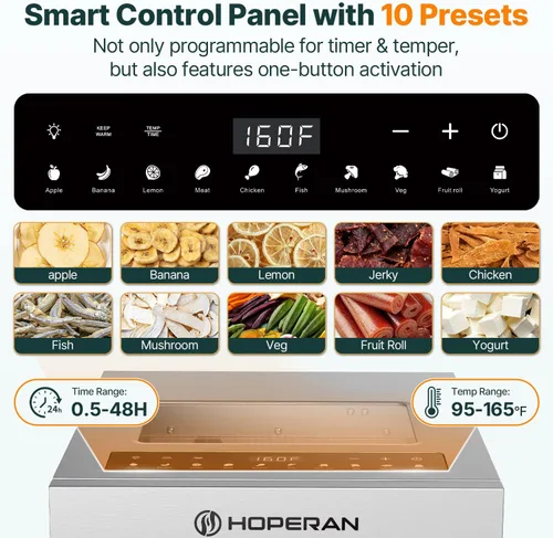 Vista 2 de HOPERAN 14-Tray Food Dehydrator with 10 Presets, Stainless Steel, 840W Silver-14 Trays