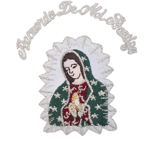 Vista 4 de Parche bordado para bautizo con la Virgen María Nuestra Señora de Guadalupe para planchar (palabra dorada en inglés 3 x 2.75)