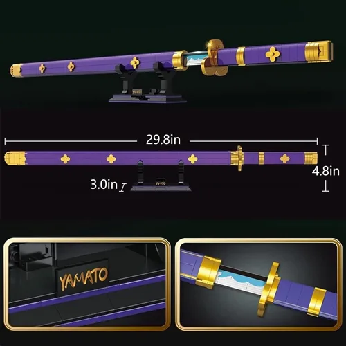 Vista 3 de HIGH GODO Juego de construcción de espadas para cosplay de anime, 936 piezas, una espada Enma Zoro morada de 38.8 pulgadas con vaina y soporte