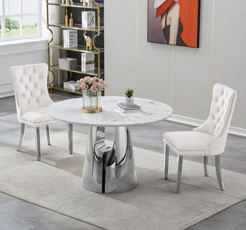 Vista 17 de SSLine Mesa de comedor redonda de mármol sintético blanco para 4-6, mesa de Mesa de oro blanco