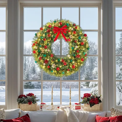 Vista 4 de Yaheetech 2 coronas artificiales grandes de Navidad de 60 pulgadas, decoración navideña preiluminada con lazo rojo, 300 luces LED y 1026 puntas