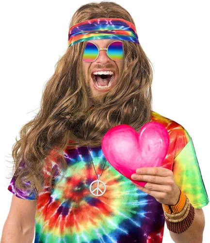 Vista 7 de Norme 5 piezas de disfraz hippie de Mardi Carnival para hombres y mujeres, camiseta de los años 70, diseño de teñido anudado, collar con signo