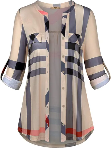 Vista 2 de Miusey Henley - Blusa con cuello en V 34, manga enrollable, con botones
