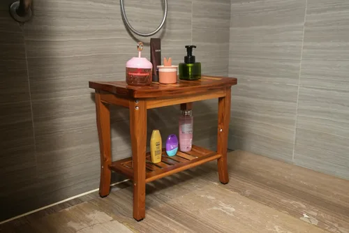 Vista 2 de VaeFae Banco de ducha de teca, taburete de ducha de baño de spa con estante de almacenamiento, taburete de asiento de madera para baño