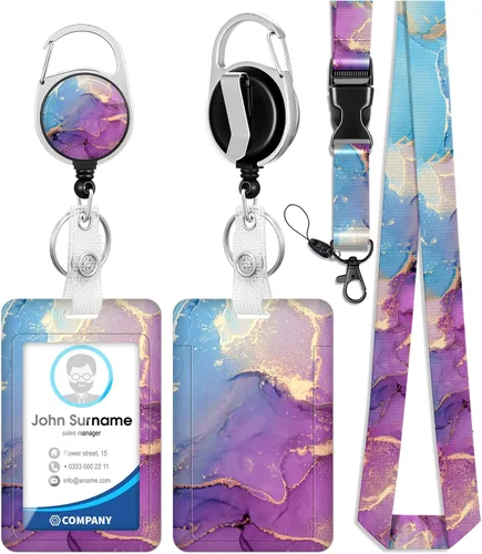 Vista 12 de Soporte para tarjetas de identificación con cordón y clip retráctil para carretes de insignias, cordón de mármol para identificación, protector
