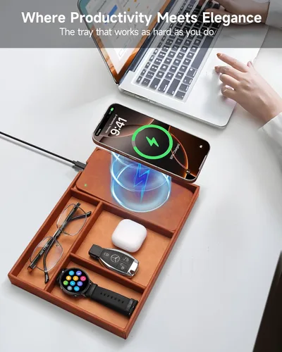 Vista 2 de Valet Tray, Built in Wireless Charging Pad, Nightstand Organizer Sillín marrón