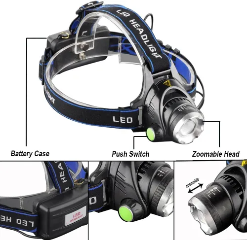 Vista 3 de Pocketman Linterna frontal LED, linterna impermeable con zoom, linterna LED súper brillante para camping, correr, senderismo, lectura, ciclismo