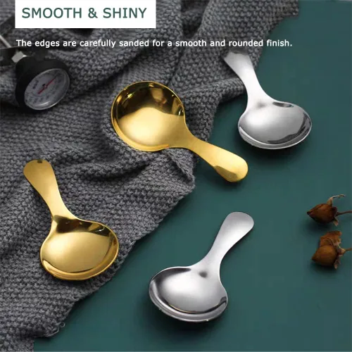 Vista 4 de Watris Veiyi - 5 cucharas de mango corto para condimentos de azúcar, café, té Cucharas pequeñas para postres de sal, mini cucharas doradas