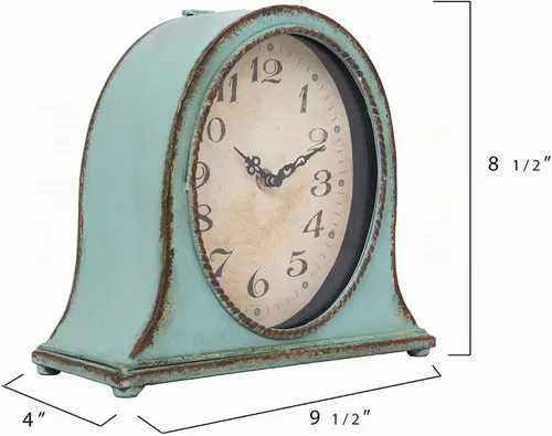 Vista 6 de Creative Co-Op Reloj decorativo de metal con base de madera, acabado azul aguamarina envejecido