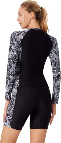 Vista 3 de JACK SMITH Traje de baño de tres piezas con protección contra sarpullido de manga larga para mujer, con cremallera frontal, traje de baño tipo