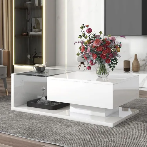 Vista 22 de Mesa de centro moderna con vidrio templado, mesa de cóctel de madera con superficie UV de alto brillo, mesa central rectangular modernista de 2 Negro