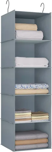 Vista 27 de Organizador colgante para armario y almacenamiento con 3 estantes, estantes colgantes plegables de montaje fácil para guardar ropa, bolsos, zapatos