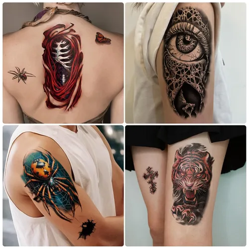 Vista 5 de 77 hojas de tatuajes temporales realistas en 3D para adultos y niños, cráneo, tigre, lobo, león, dragón, araña, serpiente, tatuajes temporales