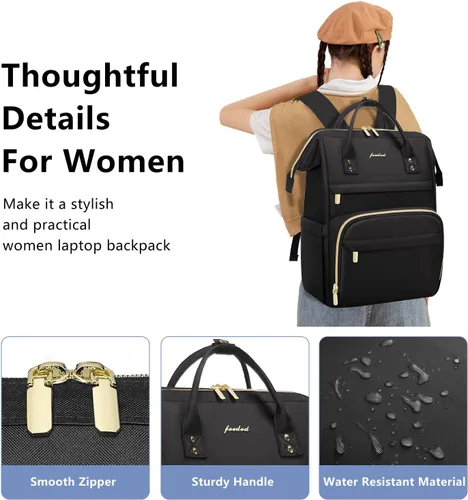 Vista 5 de FOCDOD - Mochila para laptop de mujer, para trabajo - Compatible con laptops de 15.6 pulgadas con compartimento para computadora, impermeable