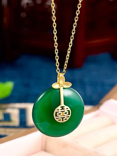 Vista 2 de Chapado en oro de 18 quilates hecho a mano S925 de plata de ley hetian jade verde buena suertefortunacírculo de bendiciónRuyi LockLucky Koi