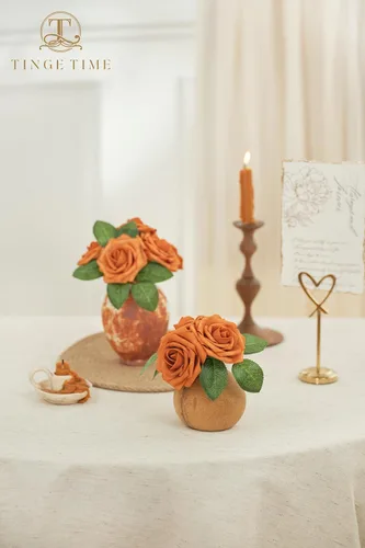 Vista 7 de TINGE TIME Flores de color naranja quemado, 25 flores artificiales para decoraciones, rosas de espuma falsas a granel con arreglos florales, ramos