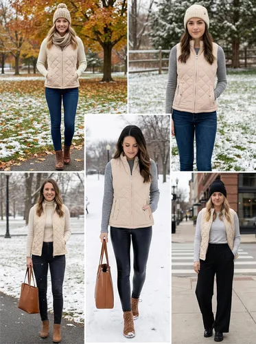 Vista 4 de Fuinloth Women's Quilted Vest Lightweight Puffer Stand Collar Zip Gilet Beige