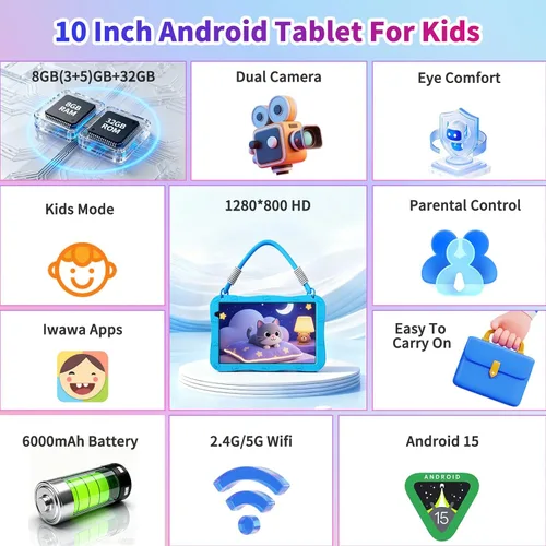 Vista 2 de Tablet Android 10 pulgadas, Android 15,32GB de almacenamiento, cinco núcleos, pantalla HD IPS, cámara dual, WiFi, Bluetooth, control parental, Azul