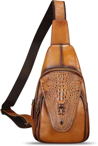 Vista 6 de Bolso de cuero genuino para hombres y mujeres en relieve de piel de cocodrilo honda mochila bandolera de pecho