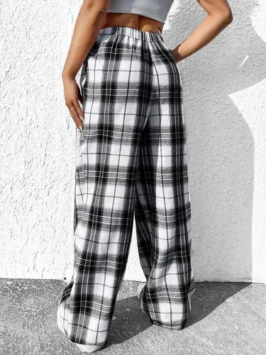 Vista 2 de OYOANGLE Pantalones largos sueltos casuales de cintura alta con estampado a cuadros para mujer