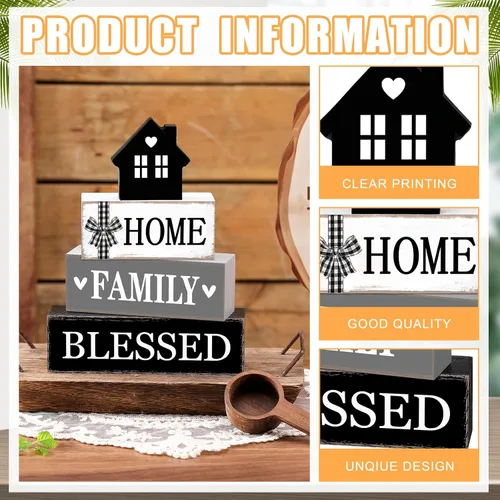 Vista 4 de Cinnvoice Decoración rústica de mesa de granja, letreros de bendición para decoración del hogar, letrero de madera neutral para la familia, centro