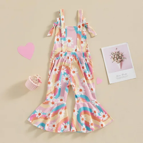 Vista 6 de ZyHwShine Conjunto de tirantes acampanados para niñas, con volantes, botones, ombliguera, pantalones de campana, pantalones de verano para niños