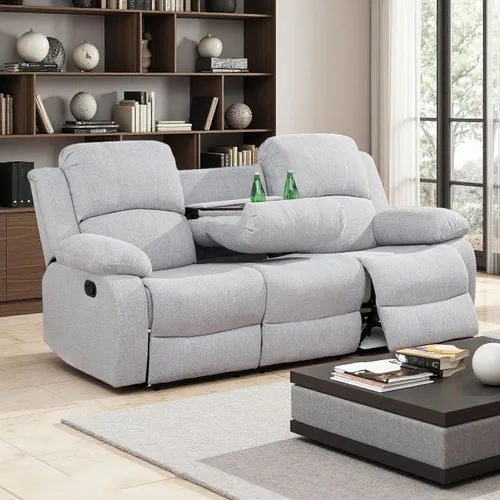 Vista 13 de Juego de Muebles para Sala de Estar, Juego de Sofá Reclinable Manual, Juegos de Sofás Reclinables de Cuero Beige con Mesa Desplegable, Sofá