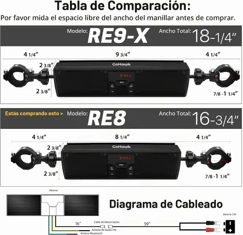 Vista 6 de GoHawk Altavoces Bluetooth para motocicleta impermeables con luz LED RE8 Negro