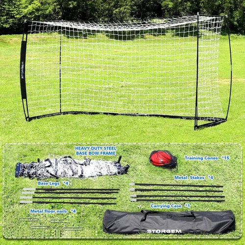 Vista 8 de Storgem Portería de Fútbol, Red de Fútbol, Porterías de Fútbol para Patio Trasero, con Marco de Lazo, Base Metálica Plegable y 15 Conos