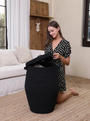 Vista 7 de Cesta alta de cuerda de algodón hecha a mano de 26"x20" con tapa, elegante forma de frasco con cubierta, cesto para ropa con tapa, para dormitorio