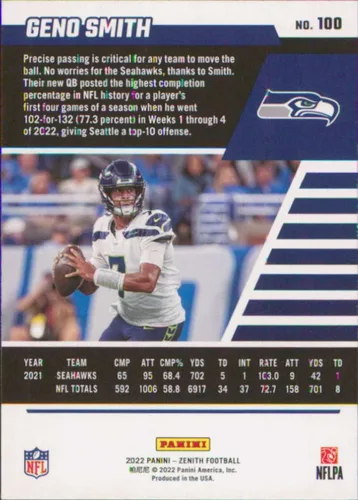 Vista 2 de 2022 Panini Zenith Retail #100 Geno Smith Seattle Seahawks Football Card - GotBaseballCards