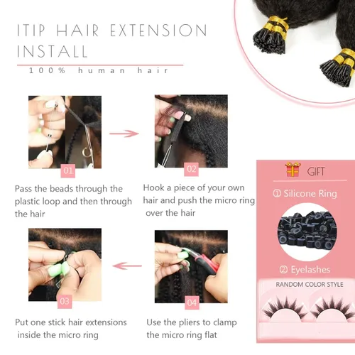 Vista 7 de Loxxy Extensiones de cabello humano rizado con punta I Tip, extensiones de cabello humano rizado negro natural, extensiones de cabello preunido