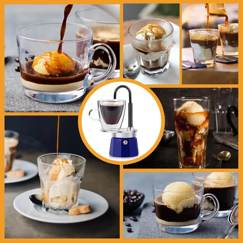 Vista 7 de Mini Express Swiss Single Tube Moka Pot Aluminio Azul, El juego de moka incluye una taza de doble pared de 3 onzas, disfruta de un delicioso café