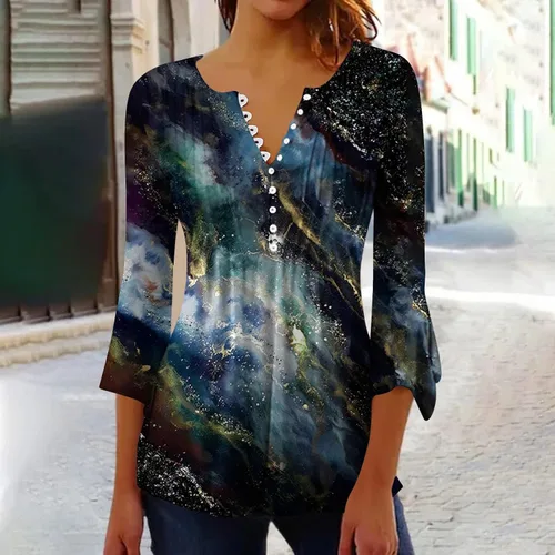 Vista 2 de Blusa de verano de manga 34 para mujer, con botones, cuello en V, casual, túnica para llevar con leggings
