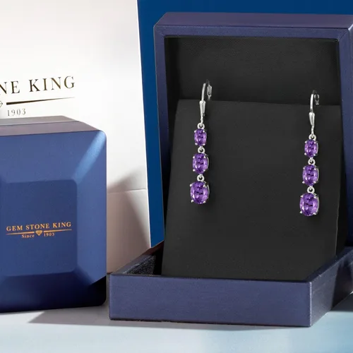 Vista 5 de Gem Stone King Aretes colgantes de plata de ley 925 con piedra natal de 3 piedras ovalados de 0.315 x 0.236 in, 0.276 x 0.197 in y 0.236 x 0.157 in