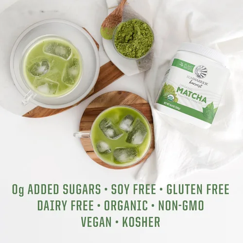 Vista 5 de Té verde matcha orgánico en polvo de grado culinario Matcha para batidos, hornear lattes, vegano, sin azúcar ni lácteos, 225 porciones Sunwarrior