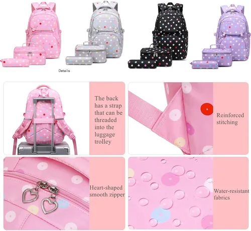 Vista 4 de Armbq Mochilas con estampado de lunares para niñas con lonchera, juego de mochila escolar para adolescentes, E-Negro, Estampado De Lunares E