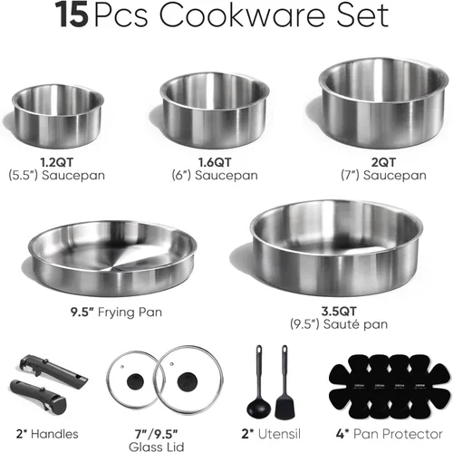 Vista 2 de CAROTE - Juego de ollas y sartenes, juego de utensilios de cocina de acero inoxidable, mango desmontable, 15 piezas de utensilios de cocina