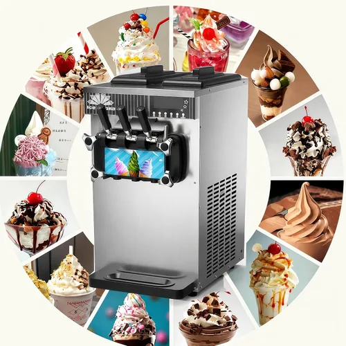 Vista 8 de Commercial Soft Ice Cream Machine, 3 Flavors Electric Soft Ice Cream Maker, Stainless Steel, 1300W LED Display, Desktop Type,15-21L/H, for Bars Gray