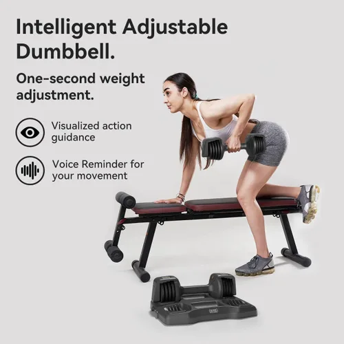 Vista 2 de Juego de mancuernas ajustables inteligentes, par con soporte, ajuste rápido, agarre seguro, mancuernas compactas de entrenamiento en casa