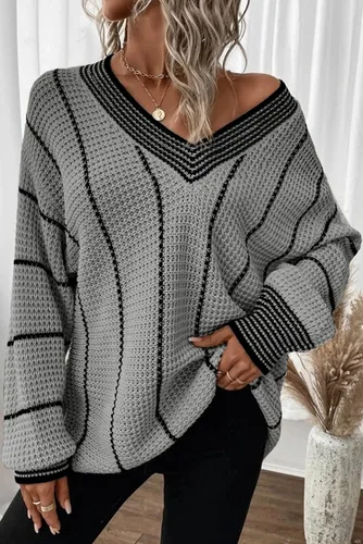 Vista 2 de AlvaQ Women Winter Long Sleeve V Neck Color Block Striped Sweater Casual Oversized Pullover Knitted Jumper Tops