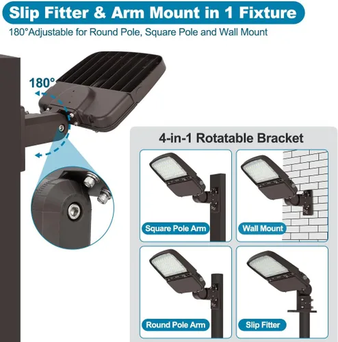 Vista 4 de Luz LED de estacionamiento de 150 W con fotocélula, luces LED regulables para exteriores con ajuste deslizante y soporte de brazo en 1, 22500LM