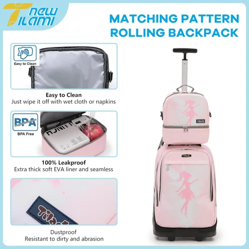 Vista 105 de NEW TILAMI Mochila con ruedas de 19 pulgadas con bolsa de almuerzo para niñas y niños, mochila para laptop con ruedas, bolsa de mano duradera