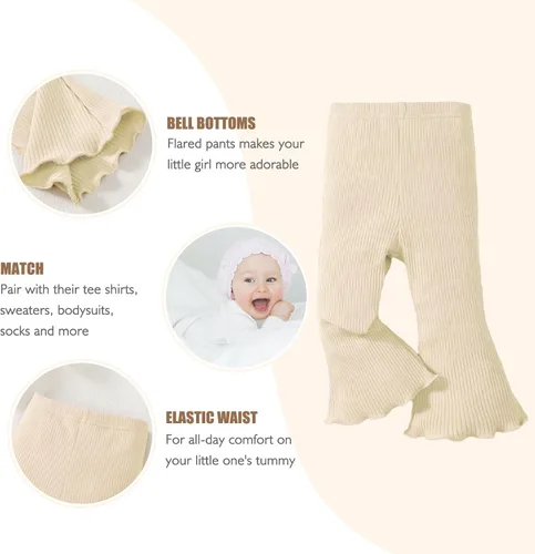 Vista 3 de SOBOWO Pantalones acampanados para bebé, paquete de 3 unidades para niña pequeña, color liso, acanalado, con volantes, pantalones acampanados