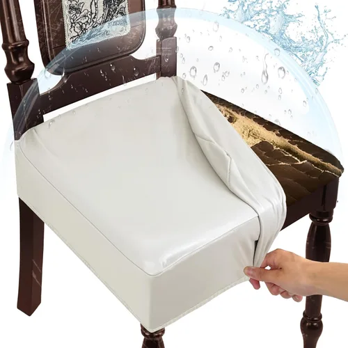 Vista 10 de Juego de 4 fundas de asiento impermeables para sillas de comedor, fundas de asiento de cocina de cuero, resistentes a las manchas, fundas elásticas